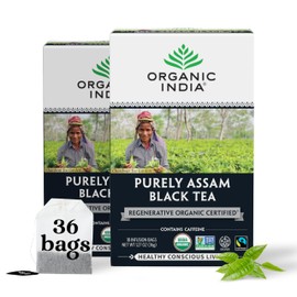Organic India Purely Assam Black Tea - Caffeinated Herbal Tea Bags with Natural Assam Leaves, Enjoy with Milk & Sweetener, USDA Organic, Non-GMO, Fairtrade Certified - 18 Bags