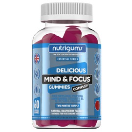 NUTRIGUMS® Mind & Focus Raspberry Flavour 60 Vegan Gummies. Ashwagandha, L-Theanine, D3, B5, B6 & B12. Cognitive Health, Nervous System and Mental Performance. Suitable for Adults & Kids 12+