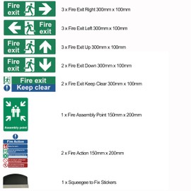 Fire Exit Sign, Fire Signs, Fire Safety Signs, Fire Action Sign 16pcs and Squeegee 2 x Fire Exit Keep Clear Sign, 11 Arrow Signs, 2 Fire Action, Fire Assembly Point, Fire Exit Sticker, Fire Door Signs