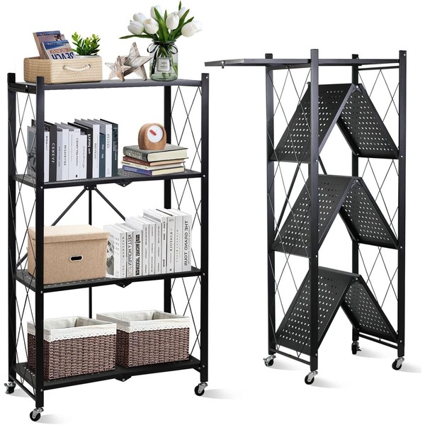 4 Tier Shelf Foldable Storage Shelf w/360° Movement Wheels, No