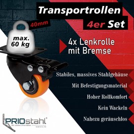 PRIOstahl Furniture Castors Brake Castors Heavy Duty Castors Transport Castors Orange Premium Wheels - 4 x Swivel Castors with Brake 40 mm + Mounting Screws and Bit for Furniture Cabinets Traceless & Quiet