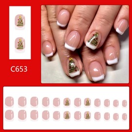 Christmas White French Tip Press on Nails Short Square Fake Nails Cute Xmas Tree Design Glossy Acrylic Nails Full Cover False Nails Christmas Stick on Nails for Women Nail DIY Decoration 24 Pcs