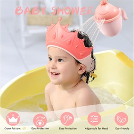Baby Shower Cap for Kids with Bath Rinse Cup, KAMHBE Adjustable Crown Hair Washing Shampoo Shield Baby Visor Bathing Accessories for Eyes, Ears and Face (Red)