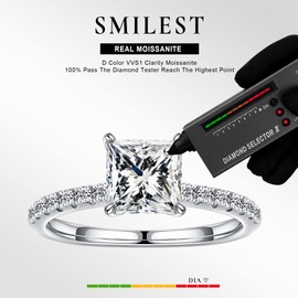SMILEST Moissanite Engagement Rings for Women, 1.5 ct D Color VVS1 Clarity Princess Solitaire Moissanite Rings 18K White Plated S925 Sterling Silver Four Prong Moissanite Rings for Women Promise Rings