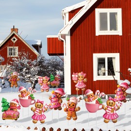 Roowest 12 Pcs 3D Pink Christmas Gingerbread Man Decorations Outdoor, Large Gingerbread Yard Stakes Christmas Yard Signs with Stakes Xmas Lawn Signs for Holiday Garden Lawn Patio Pathway Decor Outside