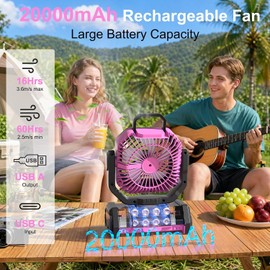 Honesorn 20000mAh Battery Operated Fan with LED Light & Remote, Pink | Up to 60H Runtime, 11-Inch, 45°/90°Oscillating, Hanging Hook, 4 Speeds, 8H Timer,
