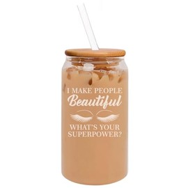 16oz Can Shaped Glass Iced Coffee Cup with Bamboo Lid and Straw Gift I Make People Beautiful What's Your Superpower Lash Makeup Artist Esthetician