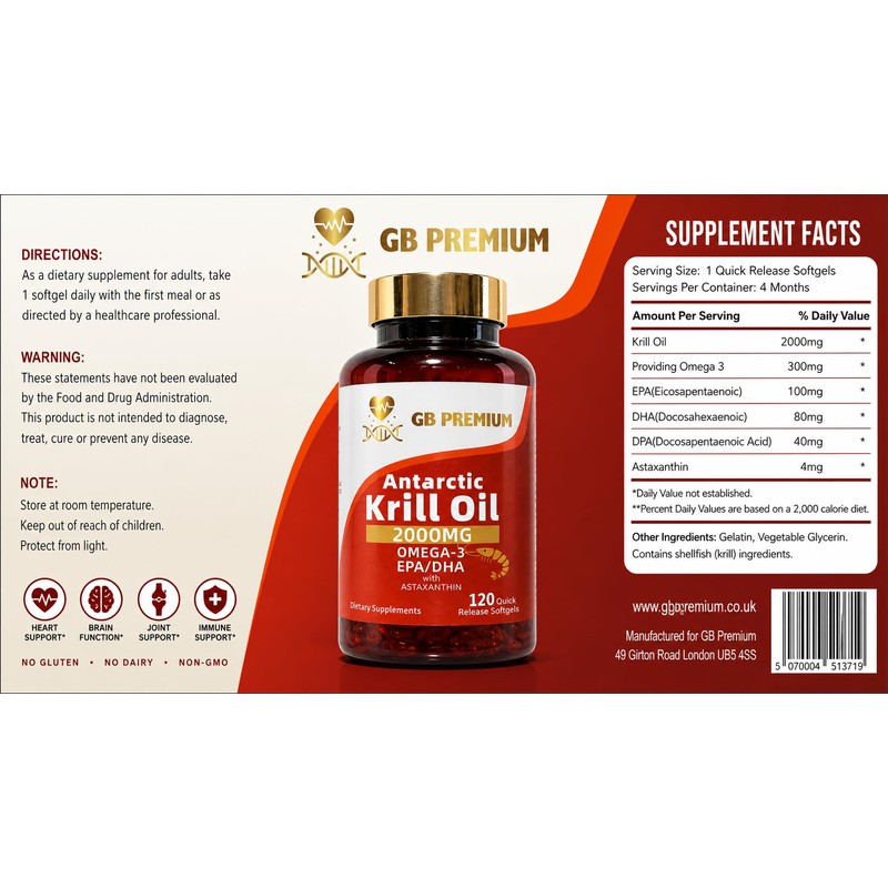 GB Premium Antarctic Krill Oil 2000mg, Omega-3 EPA & DHA