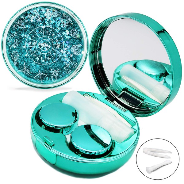Vastsoon Contact Lens Case, Bling Stars Colored Portable Cute Eye Contact Lense Remover Tool with Mirror for Teen Girls Women Travel Carry(Green)
