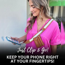 Clip & Go Phone Strap (Stripe - Black/Gold/White - Black Pouch) – Crossbody Phone Chain with Zipper Wallet Pouch – Phone Lanyard for Around The Neck, Phone Wallet, and Cell Phone Holder Badge