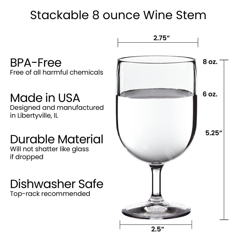 US Acrylic Stackable 8 ounce Plastic Wine Stems in Clear