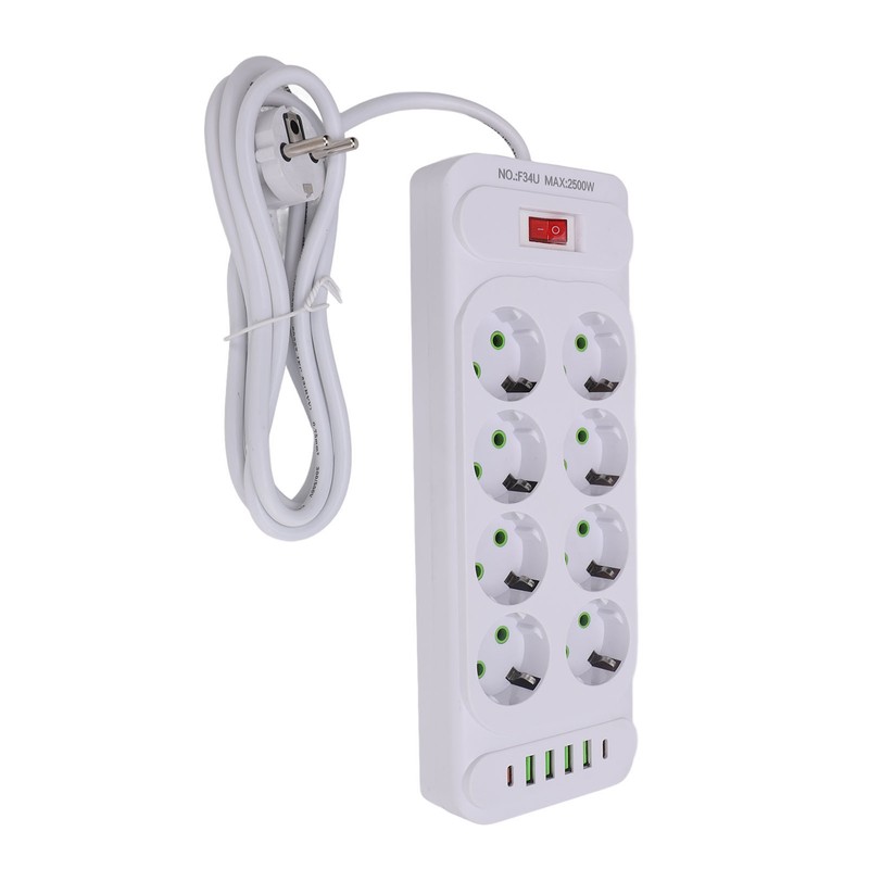 8 Way Power Strip USB C European Socket Desk Wall