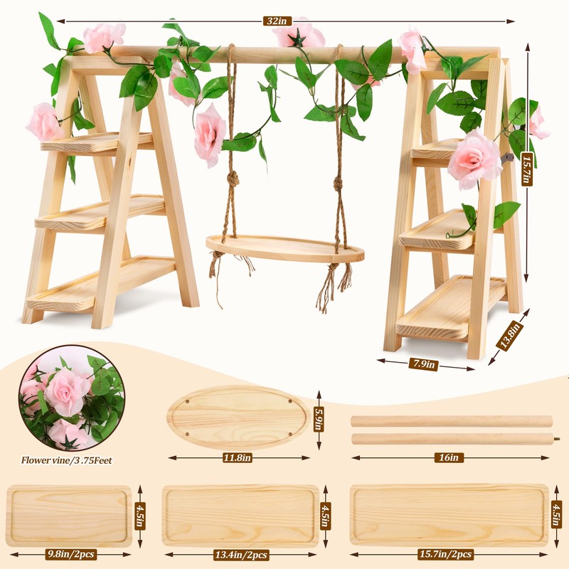 3 Tier Wooden Cupcake Stand with Swing and Flower Decoration