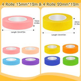 HavaCue 8 Coloured Tape, 15MM*12M/20MM*12M Coloured Masking Tape, Colourful Decorative Tape, DIY Rainbow Tape Suitable for Arts and Crafts Classes, Painters, Children's Murals and Paintings