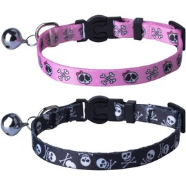 PUPTECK Breakaway Cat Collar with Bell Charm, 2 Packs Adjustable Kitty Collars Pink & Black Skull Pattern, 7.8-11.8 in