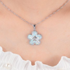 CiNily Opal Pendant Necklace for Women Flower Pendant with Chain, 14K White Gold Plated Big Gemstone Birthstone Necklace Dainty Cute Flower Charm Jewelry Birthday Christmas Gift for Wife Mom