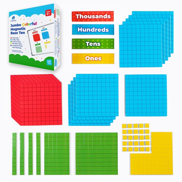 Simply magic 131+4 PCS Jumbo Colorful Magnetic Base Ten Blocks for Math + Headings - Place Value Manipulatives Magnets, Math Manipulatives, Base 10 Blocks, Counters for Kids, Classroom Must Haves