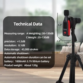 Decibel Meter, Handheld Sound Level Meter 30 to 130dB A/C Weighting Noise Tester,PC-Connectable, Data Analyzable, Color-Coded Alarm, Portable and Rechargeable (GT1355A)