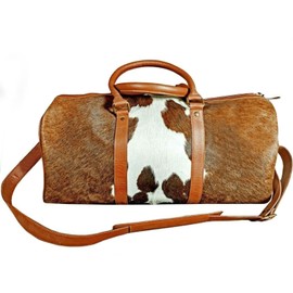 Real Cowhide Leather Duffel Bag Cow skin Hairon Leather Exotic Travel Sports Bag Large Size Gym Bag Overnight Bag Choose your Color (Brown & White)