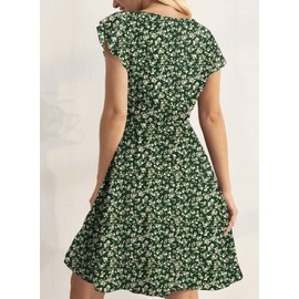 Dokotoo Sundresses for Women 2025 Summer Ruffle Sleeve Smocked Elastic Waist Drawstring Boho Floral Printed Casual A Line Flowy Swing Mini Short Dress Bohemian Beach Party Sun Dresses Green Small