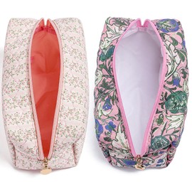 HHQQWZ Makeup Bag Travel Cosmetic Bag for Women Girls, Zipper Make Up Pouch, Floral Flowers Toiletry Organizer Makeup, Portable Storage Bag, Cosmetic Travel Cloth Bag (Pink+Flower-Pink)