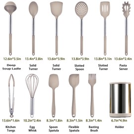 Keidason Kitchen Cooking Utensils Set,12-piece Kitchen Utensils Set Non-stick Cooking Set Heat-resistant,BPA-Free,Silicone Handle Kitchen Tools,Turner Spoon Tongs Whisk Brush(Khaki)