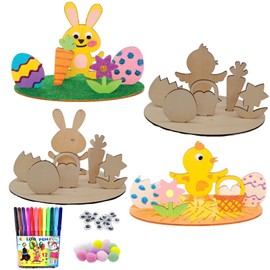 Easter Crafts Wood, 4 Pieces DIY Easter Bunny Decoration, Wooden Rabbits for Painting, Easter Crafts Children, Easter Eggs for Painting, Easter Bunny Wooden Chicken Wooden Eggs for Easter Gifts