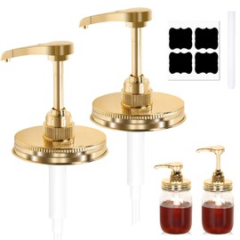 Maple Caramel Honey & Syrup Dispenser Pump fit 3.38 Inch Wide Mouth Mason Jar, Rust Proof, Food Safety Plastic Dispenser Stainless Steel Lid,Chalk & Sticker,Golden Houjioes(2 Pack)