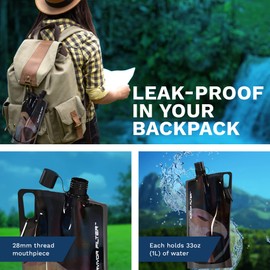 Survivor Filter 1L Black Collapsible Water Bottles - Travel, Hiking, Foldable, BPA-Free - 2 x 33oz