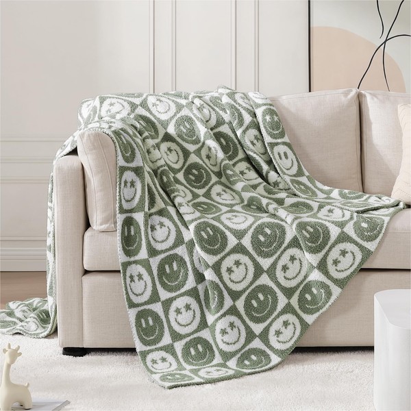 WRENSONGE Checkered Throw Blanket Seagrass Smiling Face Soft Cozy Fluffy
