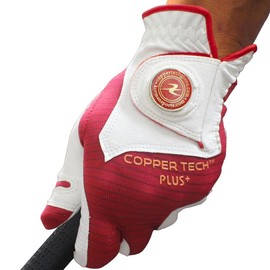 Copper Tech Men's Golf Gloves With Ball Marker (1 Pack) - Optimal Joint Support & Comfort With Copper Compression Feature - Breathable & Tacky - Crafted With Fine AAA Leather - color: WHITE/RED, size: Small, Hand Orientation: [Right Hand] For Left Handed