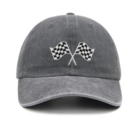 Racing Car Flag Baseball Cap for Men Women, Adjustable Embroidered Washed Hat Grey
