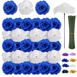 108 flores de cabeza de rosas con tallo, flores artificiales azules y blancas, rosas a granel, flores falsas de seda azul real para ramo de boda, fiesta, decoración del hogar, bricolaje, centros de