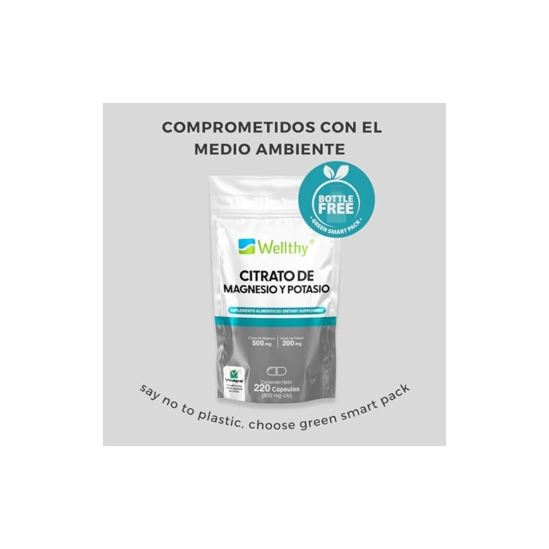 Wellthy Citrato de Magnesio y Potasio 220 Cápsulas. Tomar Sólo