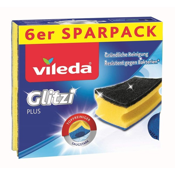 Vileda Glitzi Plus Antibacterial Absorbent Scourer, Pack of 6
