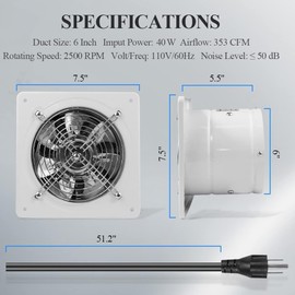 WiseWater 6 Inch Exhaust Fan, 353 CFM Extractor Fan with Speed Controller, 110 V 40W Household Ventilation Fans for Attic, Garage, Greenhouse, Warehouse, Farm, Smoking Room, Shed (White)
