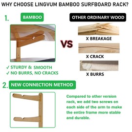 LINGVUM Bamboo Surfboard Wall Mount Surfboard Storage Rack for Wall 1-3 Boards, Longboards Shortboards Wakeboard Kiteboard Snowboards, Surfboard Wall Rack Works Indoor and Outdoor Display