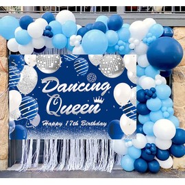 17th Birthday Banner Dancing Queen Party Backdrop Decorations, Blue Silver Happy 17th Birthday Party Sign Photography 17 Years Old Photo Booth Fabric 6 * 4ft (Blue)