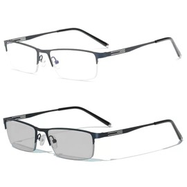 laureles Photochromic Reading Glasses for Men Business Square Metal Half Frame Sun Photochromic Lens Readers (Blue, 2, multiplier_x)