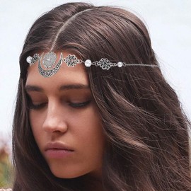 Aularso Boho Head Chain Crescent Moon Forehead Chain Vintage Headbands Chain Crystal Headpieces for Women (Silver-A, one size)