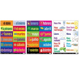 Poster Pals Spanish Educational and Language Teaching Chart Posters, Classroom Decoration Instruction, Months, Days, Seasons, Weather, FSL, 36 Laminated Card Set