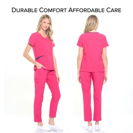 Dagacci Medical Uniform Women's Scrubs Set 4-Way Stretch Split Contrast Net and Pocket (Medium, Hot Pink)