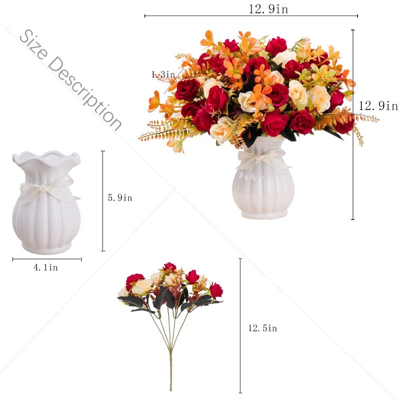 LESING Artificial Fake Flowers with Vase Silk Artificial Roses Wedding