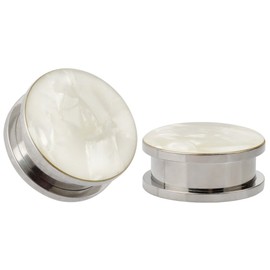 Kubooz white sea shell, opal, stainless steel screw, ear piercings, body jewellery, plugs, tunnels, measuring devices., Stainless Steel