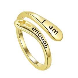 Jewmon 925 Sterling Silver Faith Cross Ring Adjustable I am Enough Inspirational Ring Engraved Bleassed Ring Encouragement Statement Ring for Women Chritian Jewelry Communion Baptism Chritian Gifts,