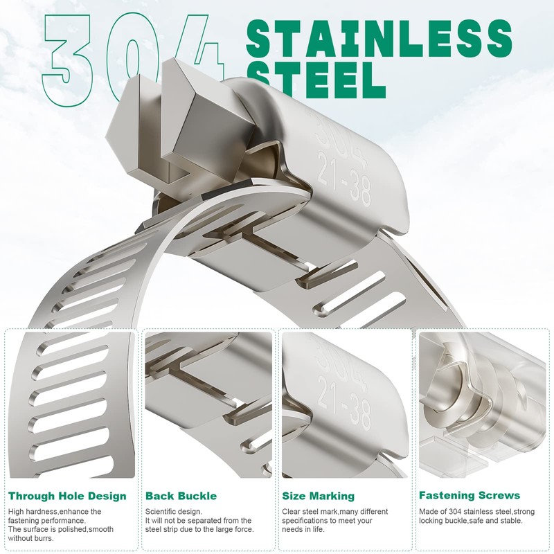 OURU 10PCS Hose Clamps Stainless Steel Adjustable 13/16"– 1-1/2"(21-38mm) Worm