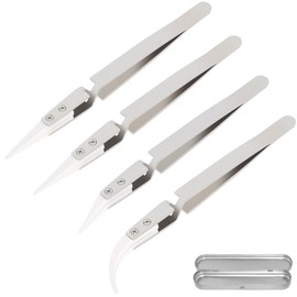ZHUROUPU 4 Pcs Reverse Tweezers, Precision Ceramic Stainless Steel ESD Tweezers Non-Conductive Heat Resistant Anti-Magnetic Pointed & Curved Tip Tweezer for Solder, Pinching Coils, Electronic (Silver)