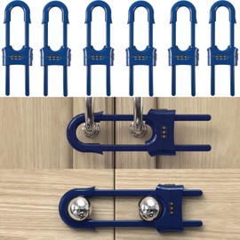 FIGEPO 6 Pack Child Proof U-Shaped Code Sliding Cabinet Door Locks Adjustable Baby Safety Plastic Cupboard Cabinet Latches Set for Knob Handle Drawers Closet Blue