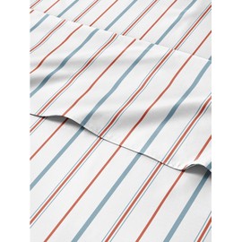 4 Piece Striped Sheets for Full Size Bed – Luxury Flat Sheet 81 x 96, Fitted Sheet 54 x 75 and 2 Pillowcases 20 x 30 – Deep Pocket, Red and Blue Pinstripe Bed Sheets – Oeko-TEX Stripe Sheet Set