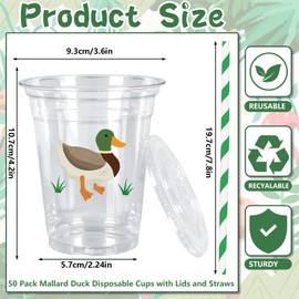 JarThenaAMCS 50Pcs Mallard Duck Plastic Cups with Lids Straws One Lucky Duck Clear Plastic Cups 12oz Disposable Cups for Duck Hunting Party Supplies